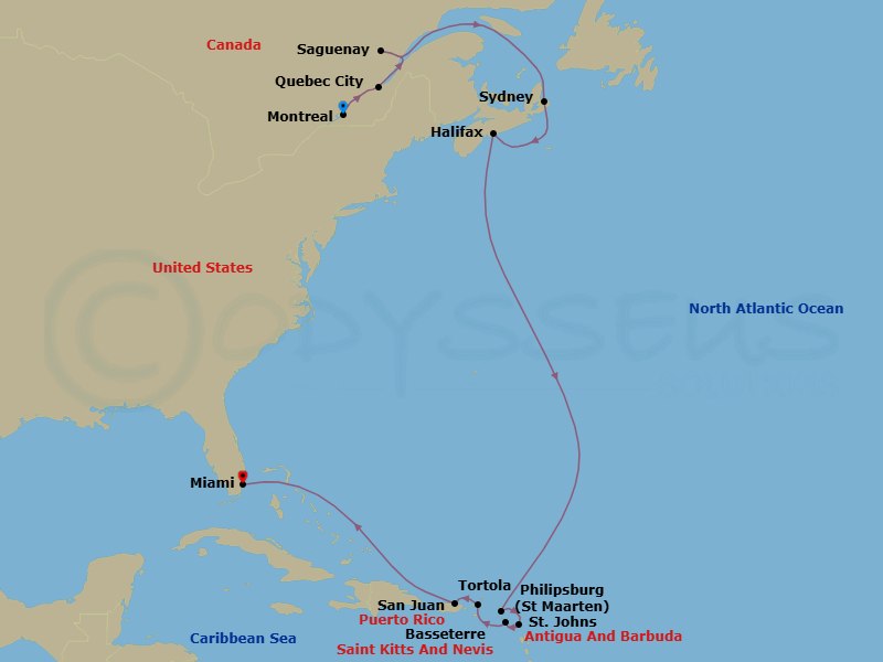 16 Night - Epic Atlantic Escapade - Seven Seas Splendor - Starting in Montreal, Quebec City, Saguenay, Cruising the Gulf of St Lawrence, Sydney NS, Halifax, Cruising the Atlantic Ocean, Philipsburg, St Johns, Basseterre, Tortola, San Juan, Cruising the Atlantic Ocean, Miami itinerary map