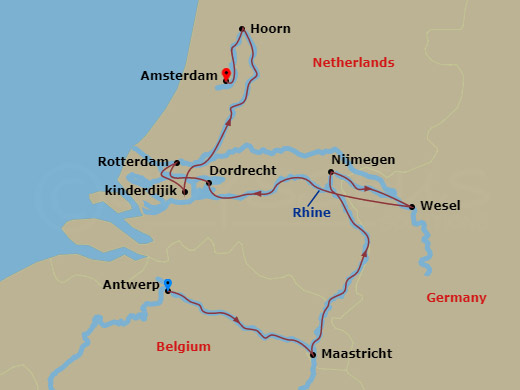 9 Night - Holland & Belgium - Viking Sigyn - Starting in Antwerp, Maastricht, Nijmegen, Wesel, Dordrecht, Rotterdam, Kinderdijk, Hoorn, Amsterdam itinerary map