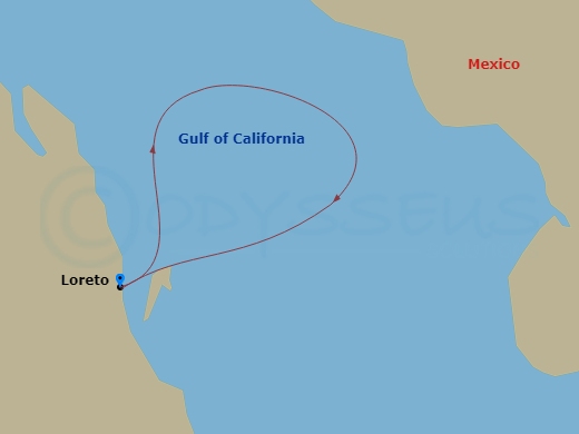 7 Night - Baja California : a Living Sea and Desert Isles - National Geographic Venture - Starting in Home / Loreto, Mexico / Embark Ship, Gulf of California, Loreto / Disembark Ship / Home itinerary map