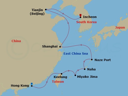 15 Night - Hong Kong to Incheon - Silver Muse - Starting in Hong Kong, Keelung, Taiwan, Miyako-jima, Naha / Okinawa, Naze, Amami Oshima, Shanghai, Tianjin (Beijing), Incheon (Seoul) itinerary map