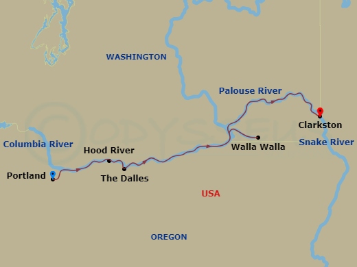5 Night - Columbia and Snake Rivers : Food, Wine, and History - National Geographic Sea Lion - Starting in Portland-OR / Embark Ship, The Dalles / Hood River, Walla Walla, Washington, Palouse River, Clarkston / Disembark Ship itinerary map