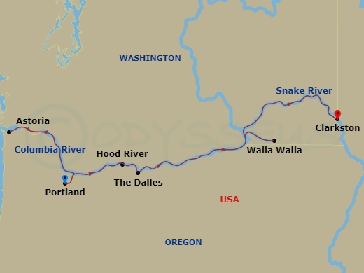 7 Night - Columbia and Snake Rivers : Food, Wine and History - National Geographic Sea Bird - Starting in Portland-OR / Embark Ship, Astoria, Cruising / The Dalles / Hood River, Walla Walla, Washington, Palouse River, Clarkston, Clarkston / Disembark Ship itinerary map