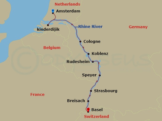 7 Night - Rhine Getaway - Viking Kara - Starting in Amsterdam, Kinderdijk, Scenic Sailing Waal and Merwede, Cologne, Koblenz, Middle Rhine Scenic Sailing, Rudesheim, Speyer, Strasbourg, Breisach, Basel itinerary map