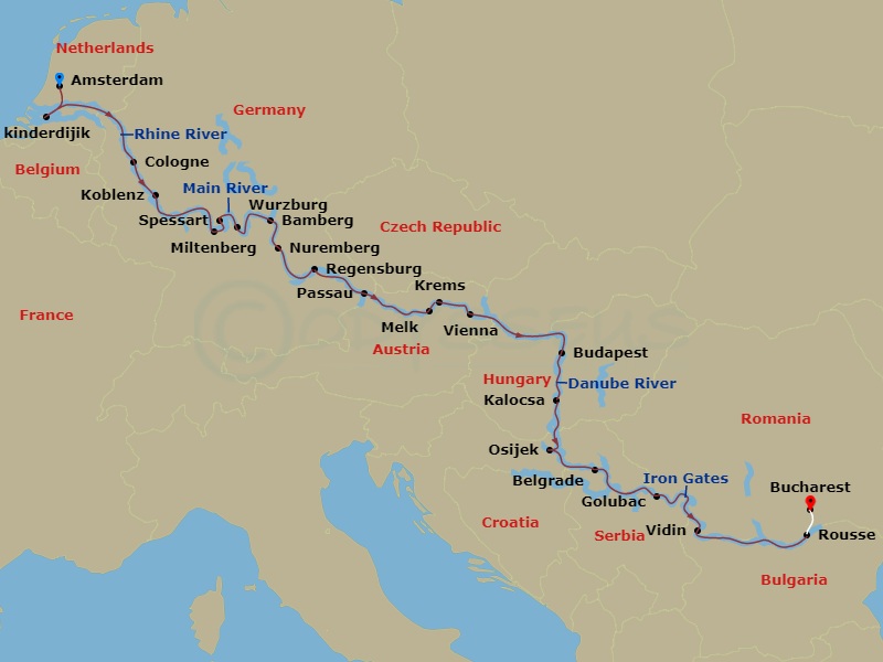 22 Night - European Sojourn - Viking Lif Tours - Starting in Amsterdam, Kinderdijk, Scenic Sailing : Waal and Merwede, Cologne, Koblenz, Middle Rhine Scenic Sailing, Miltenberg, Scenic Sailing : Main River, Spessart, Wurzburg, Bamberg, Main-Danube Canal, Nuremberg, Regensburg, Passau, Melk, Scenic Sailing : Wachau Valley, Krems, Vienna, Budapest, Kalocsa, Osijek, Belgrade, Golubac, Scenic Sailing : the Iron Gates, Vidin, Ruse, Bucharest itinerary map