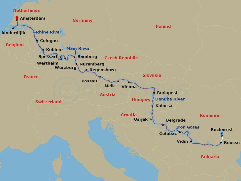 22 Night - European Sojourn - Viking Lif Tours - Starting in Bucharest, Ruse, Vidin, Scenic Sailing : the Iron Gates, Golubac, Belgrade, Osijek, Kalocsa, Budapest, Vienna, Scenic Sailing : Wachau Valley, Melk, Passau, Regensburg, Main-Danube Canal, Nuremberg, Bamberg, Wurzburg, Wertheim, Scenic Sailing : Main River, Spessart, Middle Rhine Scenic Sailing, Koblenz, Cologne, Scenic Sailing : Waal and Merwede, Kinderdijk, Amsterdam itinerary map