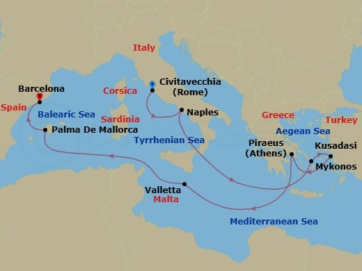 10 Night - Greek Isles Turkey & Italy - Carnival Sunshine - Starting in Civitavecchia (Rome), Italy, Naples (Amalfi / Pompeii), Italy, Mykonos, Greece, Kusadasi (Ephesus), Turkey, Piraeus (Athens), Greece, Valletta, Malta, Palma De Mallorca, Spain, Barcelona, Spain itinerary map