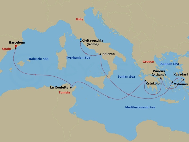10 Night - Greek Isles Turkey & Italy - Carnival Sunshine - Starting in Civitavecchia (Rome), Italy, Salerno (Amalfi / Pompeii), Italy, Mykonos, Greece, Kusadasi (Ephesus), Turkey, Piraeus (Athens), Greece, Katakolon (Olympia), Greece, La Goulette (Tunis), Tunisia, Barcelona, Spain itinerary map