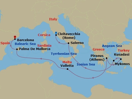10 Night - Greek Isles Turkey & Italy - Carnival Sunshine - Starting in Civitavecchia (Rome), Italy, Salerno (Amalfi / Pompeii), Italy, Mykonos, Greece, Kusadasi (Ephesus), Turkey, Piraeus (Athens), Greece, Valletta, Malta, Palma De Mallorca, Spain, Barcelona, Spain itinerary map