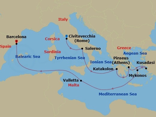 10 Night - Greek Isles Turkey & Italy - Carnival Sunshine - Starting in Civitavecchia (Rome), Italy, Salerno (Amalfi / Pompeii), Italy, Katakolon (Olympia), Greece, Piraeus (Athens), Greece, Kusadasi (Ephesus), Turkey, Mykonos, Greece, Valletta, Malta, Barcelona, Spain itinerary map