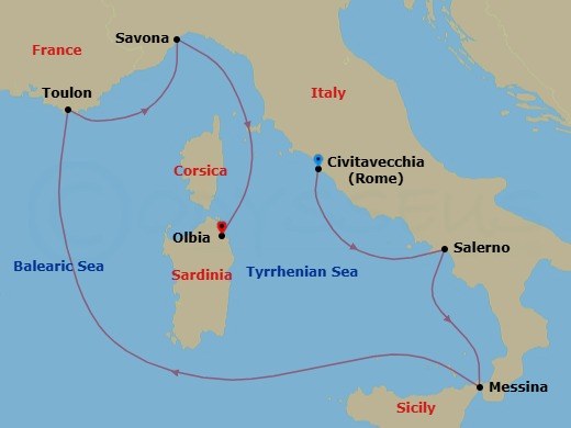 6 Night - Cruise from Rome (Civitavecchia) to Olbia - Costa Fascinosa - Starting in Civitavecchia (Rome), Salerno (Amalfi Coast), Messina (Taormina), La Seyne (St Tropez), Savona, Olbia (costa Smeralda) itinerary map