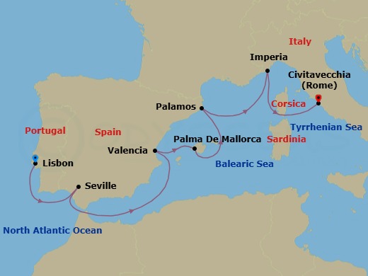 13 Night - Lisbon to Civitavecchia - Silver Shadow - Starting in Lisbon, Sevilla, Valencia, Palma De Mallorca, Palamos, Imperia, Civitavecchia (Rome) itinerary map