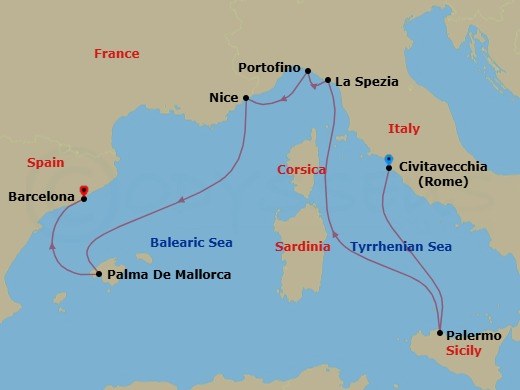 9 Night - Italian & French Riviera - Celebrity Eclipse - Starting in Rome (Civitavecchia), Italy, Sicily (Palermo), Italy, Florence / Pisa (La Spezia), Italy, Portofino, Italy, Nice (Villefranche), France, Palma De Mallorca, Spain, Barcelona, Spain itinerary map