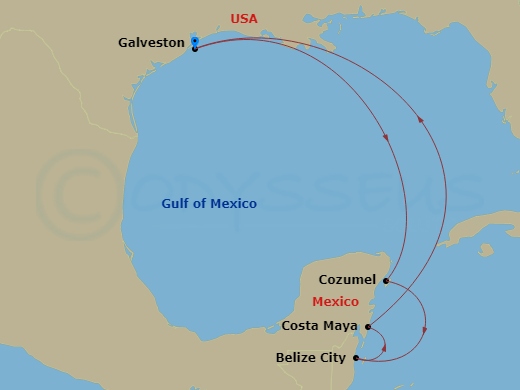 6 Night - Western Caribbean Cruise - Liberty of the Seas - Starting in Galveston, Texas, Cozumel, Mexico, Belize City, Belize, Puerto Costa Maya, Mexico, Galveston, Texas itinerary map