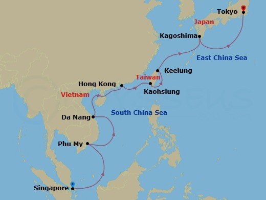 13 Night - Southeast Asia & Japan - Diamond Princess - Starting in Singapore, Ho Chi Minh City (Phu My), Vietnam, Da Nang / Hue (Chan May), Vietnam, Hong Kong, Kaohsiung, Taiwan, Taipei (Keelung), Kagoshima, Japan, Tokyo, Japan itinerary map