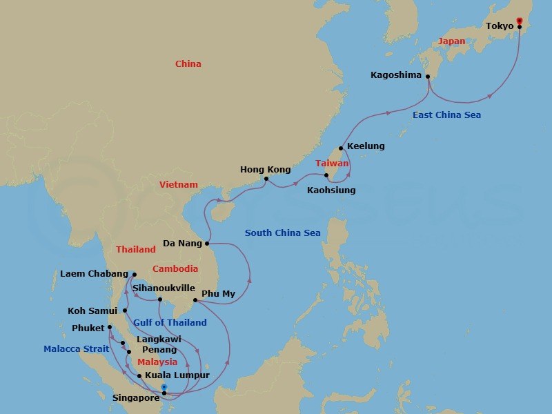 26 Night - Southeast Asia & Japan - Diamond Princess - Starting in Singapore, Phuket, Thailand, Langkawi, Malaysia, Penang, Malaysia, Kuala Lumpur (Port Kelang), Malaysia, Ko Samui, Thailand, Laem Chabang (for Bangkok), Thailand, Sihanoukville, Cambodia, Singapore, Ho Chi Minh City (Phu My), Vietnam, Da Nang / Hue (Chan May), Vietnam, Hong Kong, Kaohsiung, Taiwan, Taipei (Keelung), Kagoshima, Japan, Tokyo, Japan itinerary map