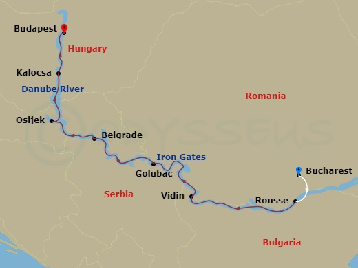 10 Night - Passage to Eastern Europe - Viking Sigrun Tours - Starting in Bucharest, Ruse, Vidin, Scenic Sailing : the Iron Gates, Golubac, Belgrade, Osijek, Kalocsa, Budapest itinerary map