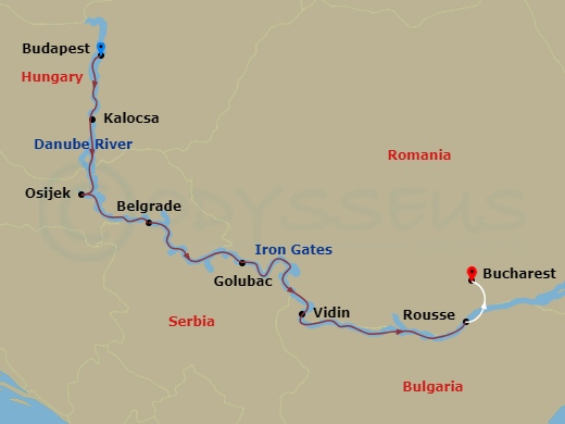 10 Night - Passage to Eastern Europe - Viking Sigrun Tours - Starting in Budapest, Kalocsa, Osijek, Belgrade, Golubac, Scenic Sailing : the Iron Gates, Vidin, Ruse, Bucharest itinerary map