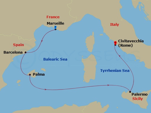 5 Night - Southern Europe from Marseille to Rome (Civitavecchia) - Costa Toscana - Starting in Marseilles, France, Barcelona, Spain, Palma De Mallorca, Spain, Palermo (Sicily), Civitavecchia / Rome itinerary map