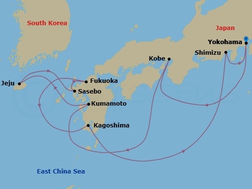 11 Night - Best of Japan Cruise - Voyager of the Seas - Starting in Tokyo (Yokohama), Japan, Kobe, Japan, Kumamoto (Yatsushiro), Japan, Jeju (Seogwipo), South Korea, Sasebo (Miura), Japan, Fukuoka, Japan, Kagoshima, Japan, Mount Fuji (Shimizu), Japan, Tokyo (Yokohama), Japan itinerary map