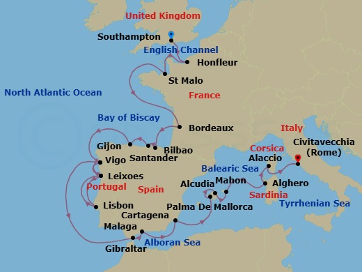 25 Night - Europe from Southampton to Rome (Civitavecchia) - Silver Dawn - Starting in Southampton, Honfleur, Saint Malo, Bordeaux, Bilbao, Santander, Gijon, Spain, Vigo, Porto, Lisbon, Porto, Vigo, Gibraltar, Malaga, Cartagena ES, Palma De Mallorca, Alcudia, Porto Mahon, Alghero, Ajaccio, Civitavecchia itinerary map