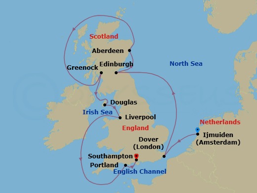 12 Night - Ijmuiden to Southampton - Silver Spirit - Starting in Ijmuiden (Amsterdam), Dover UK (London), England, Newhaven (Edinburgh), Scotland, Aberdeen, Greenock (Glasgow), Scotland, Isle of Man (Douglas), Liverpool, Portland UK, Southampton itinerary map