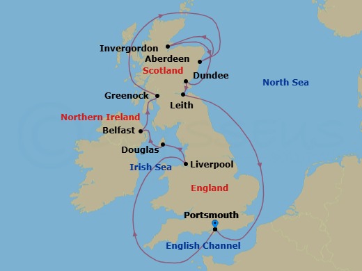 14 Night - British Isles Intensive Cruise : Liverpool, Belfast & Edinburgh - Azamara Journey - Starting in Portsmouth UK, Liverpool, England, Douglas, Belfast, Northern Ireland, Glasgow (Greenock), Scotland, Aberdeen, Scotland, Invergordon, Scotland, Dundee, Scotland, Leith (Edinburgh), Scotland, Portsmouth UK itinerary map