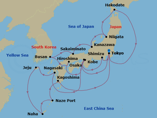 24 Night - Japan Roundtrip from Tokyo - Silver Muse - Starting in Tokyo, Shimizu, Kobe, Nagasaki, Jeju, Naha / Okinawa, Naze, Kagoshima, Tokyo, Osaka, Hiroshima, Busan, Sakaiminato, Kanazawa, Niigata, Hakodate, Tokyo itinerary map