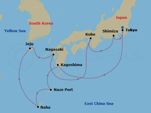 12 Night - Tokyo to Tokyo - Silver Muse - Starting in Tokyo, Shimizu, Kobe, Nagasaki, Jeju, Naha / Okinawa, Naze, Amami Oshima, Kagoshima (Kyushu Island), Tokyo itinerary map
