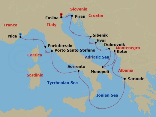 12 Night - Nice to Fusina - Silver Shadow - Starting in Nice, Portoferraio (Elba), Porto Santo Stefano, Sorrento, Sarande, Kotor, Monopoli, Dubrovnik, Croatia, Hvar, Sibenik, Piran, Fusina (Venice) itinerary map