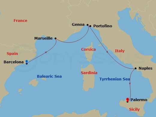 4 Night - Mediterranean - MSC Euribia - Starting in Barcelona, Spain, Marseille (Provence), France, Genoa (Portofino), Italy, Naples (Pompeii), Italy, Palermo (Monreale), Italy itinerary map