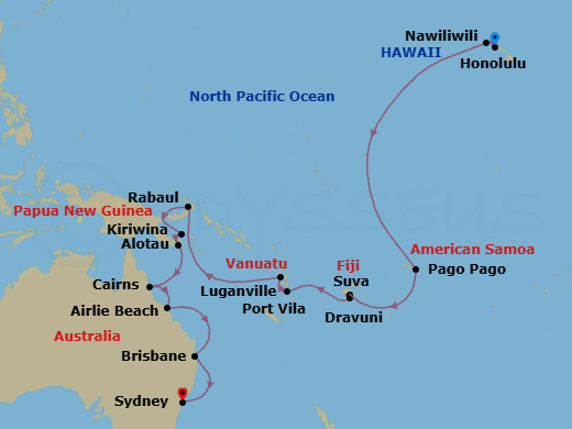 28 Night - Hawaii & South Pacific Crossing - Coral Princess - Starting in Honolulu, Hawaii, Kauai (Nawiliwili), Hawaii, Pago Pago, American Samoa, Cross International Date Line, Suva, Fiji, Dravuni Island, Fiji, Port Vila, Vanuatu, Luganville, Vanuatu, Rabaul, Papua New Guinea, Kiriwina Island, Papua New Guinea, Alotau (Milne Bay), Papua New Guinea, Cairns, Australia, Airlie Beach, Australia, Brisbane, Australia itinerary map