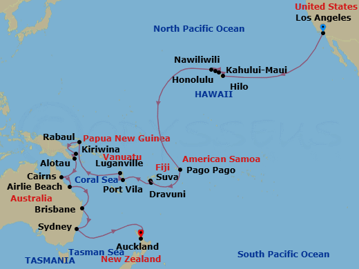 40 Night - Hawaii & South Pacific Crossing - Coral Princess - Starting in Los Angeles, California, Hilo, Hawaii, Kahului, Hawaii, Honolulu, Hawaii, Kauai (Nawiliwili), Hawaii, Pago Pago, American Samoa, Cross International Date Line, Suva, Fiji, Dravuni Island, Fiji, Port Vila, Vanuatu, Luganville, Vanuatu, Rabaul, Papua New Guinea, Kiriwina Island, Papua New Guinea, Alotau (Milne Bay), Papua New Guinea, Cairns, Australia, Airlie Beach, Australia, Brisbane, Australia, Sydney AU itinerary map