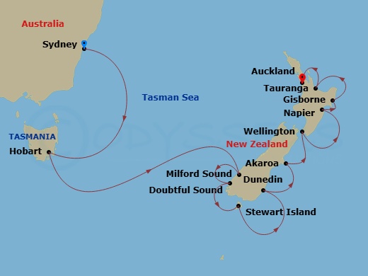 14 Night - Sydney to Auckland - Silver Moon - Starting in Sydney AU, Hobart, Tasmania, Cruising Milford Sound, Cruising Doubtful Sound, Stewart Island, Dunedin (Port Chalmers), Akaroa, Wellington, Napier, Gisborne, Tauranga, Auckland itinerary map