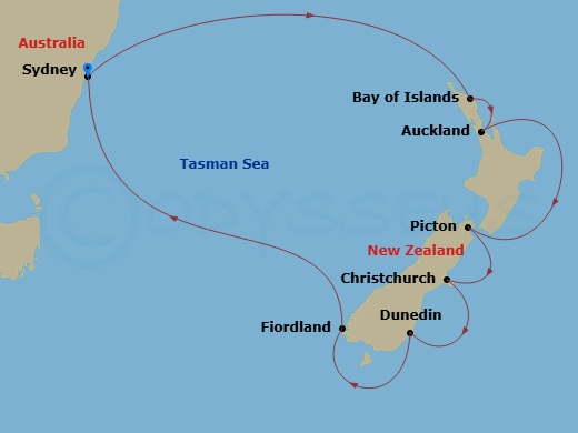 13 Night - New Zealand - Royal Princess - Starting in Sydney AU, Bay of Islands, New Zealand, Auckland, New Zealand, Picton, New Zealand, Christchurch (Lyttelton), New Zealand, Dunedin (Port Chalmers), New Zealand, Fiordland National Park (Scenic Cruising), Sydney AU itinerary map