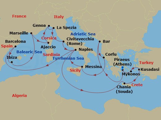 21 Night - The Best of the Mediterranean - Sun Princess - Starting in Athens (Piraeus), Greece, Montenegro, Corfu, Greece, Sicily (Messina), Italy, Naples, Italy (for Capri and Pompeii), Barcelona, Spain, Ibiza, Spain, Marseille (Provence), France, Corsica (Ajaccio), France, Genoa (for Cinque Terre), Italy, La Spezia (for Florence / Pisa), Italy, Civitavecchia (for Rome), Italy, Naples, Italy (for Capri and Pompeii), Crete (Chania), Greece, Kusadasi, Turkey (for Ephesus), Mykonos, Greece, Athens (Piraeus), Greece itinerary map