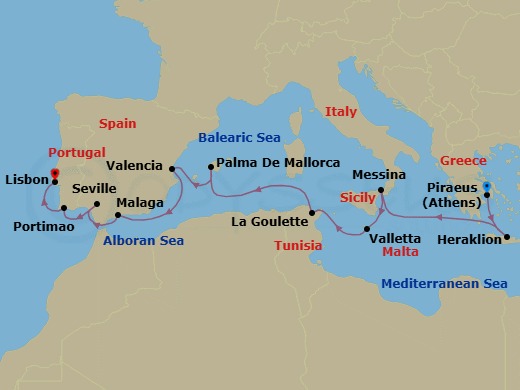 14 Night - Mediterranean Interlude - Seven Seas Navigator - Starting in Athens (Piraeus), Heraklion (Crete), Cruising the Mediterranean Sea, Messina (Sicily), Valletta, La Goulette, Cruising the Mediterranean Sea, Palma De Mallorca, Valencia, Malaga, Seville, Portimao, Lisbon itinerary map