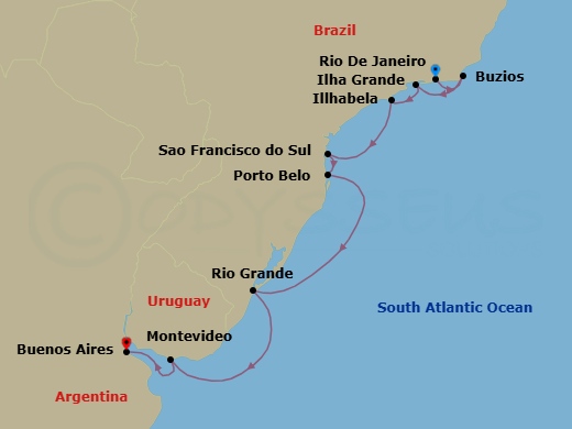 11 Night - Nights of Samba & Tango - Seven Seas Mariner - Starting in Rio De Janeiro, Buzios, Brazil, Ilha Grande, Brazil, Ilhabela, Brazil, Sao Francisco do Sul, Porto Belo, Cruising the Atlantic Ocean, Rio Grande, Cruising the Rio De La Plata, Montevideo, Buenos Aires itinerary map