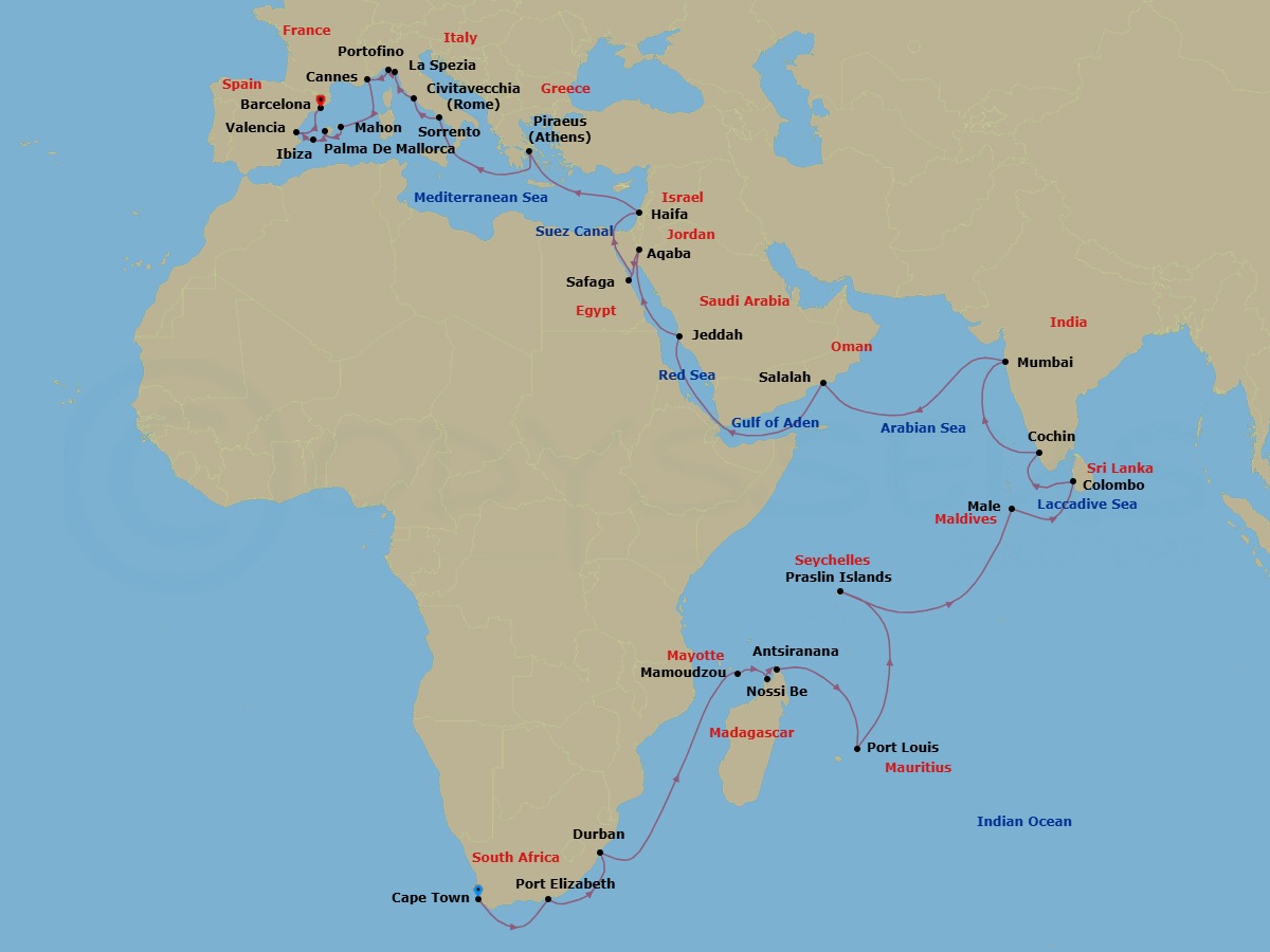61 Night - Indian Ocean Odyssey - Seven Seas Voyager - Starting in Cape Town, Cruising the Indian Ocean, Port Elizabeth ZA, Cruising the Indian Ocean, Durban, Cruising the Indian Ocean, Cruising the Mozambique Channel, Mayotte, Nosy Be, Antsiranana, Cruising the Indian Ocean, Port Louis, Cruising the Indian Ocean, Praslin (La Digue), Cruising the Indian Ocean, Male, Cruising the Laccadive Sea, Colombo, Cruising the Laccadive Sea, Cochin (Kochi), Cruising the Arabian Sea, Mumbai (Bombay), Cruising the Arabian Sea, Salalah, Cruising the Arabian Sea, Cruising the Gulf of Aden, Cruising the Red Sea, Jeddah, Cruising the Red Sea, Aqaba, Luxor (Safaga), Suez Canal (Transit), Jerusalem (Haifa), Cruising the Mediterranean Sea, Athens (Piraeus), Cruising the Mediterranean Sea, Sorrento / Capri, Rome (Civitavecchia), La Spezia (Cinque Terre), Portofino, Cannes, Cruising the Mediterranean Sea, Mahon, Minorca, Palma De Mallorca, Ibiza, Cruising the Balearic Sea, Valencia, Barcelona itinerary map