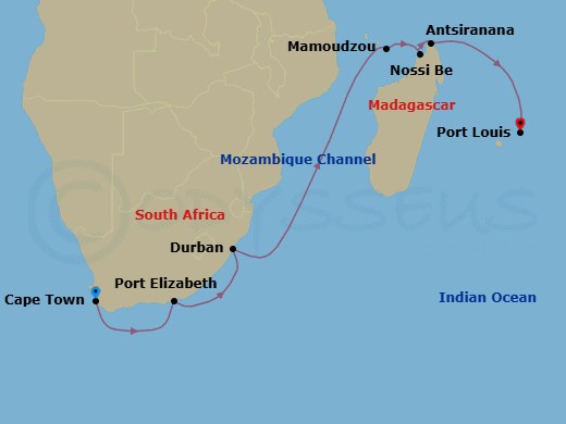 15 Night - Madagascar Marvels - Seven Seas Voyager - Starting in Cape Town, Cruising the Indian Ocean, Port Elizabeth ZA, Cruising the Indian Ocean, Durban, Cruising the Indian Ocean, Cruising the Mozambique Channel, Mayotte, Nosy Be, Antsiranana, Cruising the Indian Ocean, Port Louis itinerary map