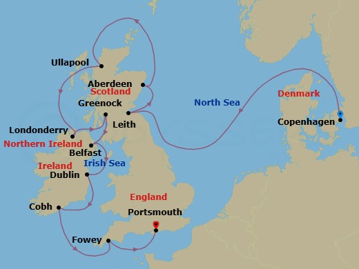 12 Night - Scotland & Ireland Cruise : Edinburgh, Belfast & Dublin - Azamara Quest - Starting in Copenhagen, Leith (Edinburgh), Scotland, Aberdeen, Scotland, Ullapool, Scotland, Londonderry, Northern Ireland, Glasgow (Greenock), Scotland, Belfast, Northern Ireland, Dublin (Dun Laoghaire), Cork (Cobh), Fowey, Portsmouth UK itinerary map