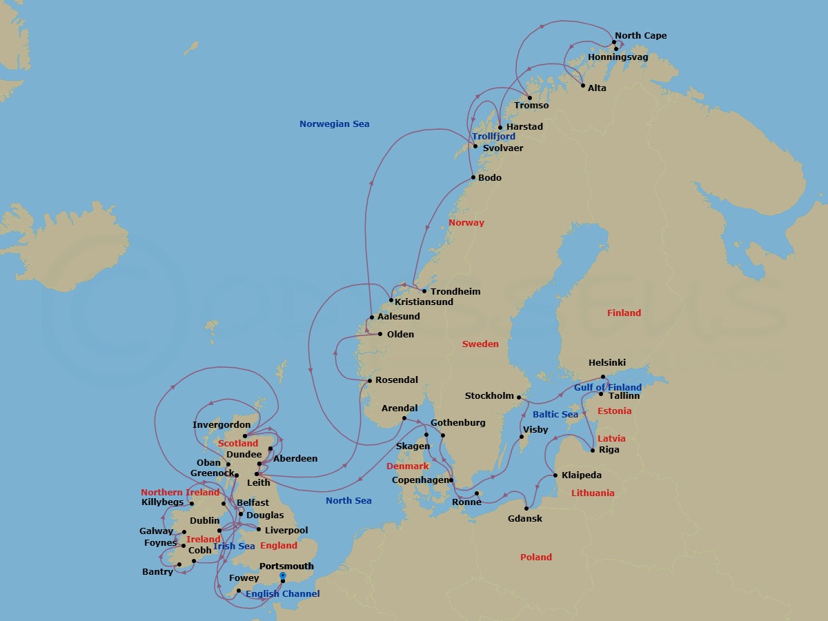 64 Night - Portsmouth to Portsmouth Grand Voyage - Azamara Journey - Starting in Portsmouth UK, Liverpool, England, Dublin, Glasgow (Greenock), Scotland, Douglas, Invergordon, Scotland, Aberdeen, Scotland, Dundee, Scotland, Leith (Edinburgh), Scotland, Rosendal, Olden, Alesund, Svolvaer, Lofoten, Trollfjord (Cruising), Tromso, Honningsvag, North Cape (Cruising), Alta, Harstad, Bodo, Trondheim, Kristiansund, Arendal, Skagen, Copenhagen, Visby, Sweden, Stockholm, Helsinki, Tallinn, Riga, Klaipeda, Gdansk, Ronne, Bornholm, Copenhagen, Gothenburg, Leith (Edinburgh), Scotland, Dundee, Scotland, Aberdeen, Scotland, Dundee, Scotland, Invergordon, Scotland, Oban UK, Scotland, Glasgow (Greenock), Scotland, Douglas, Dublin, Cork (Cobh), Bantry Harbour, Foynes, Galway, Donegal (Killybegs), Belfast, Northern Ireland, Fowey, Portsmouth UK itinerary map