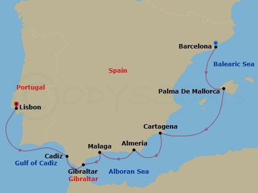 8 Night - Spanish Symphony - Wind Surf - Starting in Barcelona, Palma De Mallorca, Cartagena ES, Almeria, Granada, Malaga, Gibraltar, Cadiz, Lisbon itinerary map