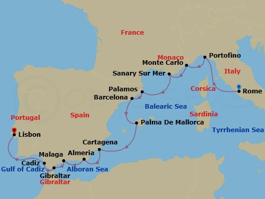 13 Night - Star Collector : Enchantment of the Western Med - Wind Surf - Starting in Civitavecchia, Rome, Portofino, Monte Carlo, Sanary-sur-mer, Palamos, Barcelona, Palma De Mallorca, Cartagena ES, Almeria, Granada, Malaga, Gibraltar, Cadiz, Lisbon itinerary map