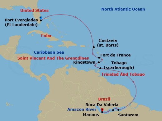 12 Night - South America - Crystal Symphony - Starting in Fort Lauderdale, Gustavia, St Barthelemy, Fort-de-France, Kingstown, Scarborough, Cruising the Amazon River, Santarem, Boca Da Valeria, Manaus / Amazon itinerary map