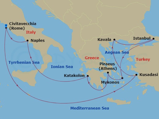 12 Night - Greek Isles Turkey & Italy - Carnival Legend - Starting in Civitavecchia (Rome), Italy, Kusadasi (Ephesus), Turkey, Kavala, Greece, Istanbul, Turkey, Mykonos, Greece, Piraeus (Athens), Greece, Katakolon (Olympia), Greece, Naples (Amalfi / Pompeii), Italy, Civitavecchia (Rome), Italy itinerary map