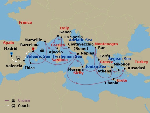 27 Night - Highlights of Spain - Tour 2C - Sun Princess Tours - Starting in Madrid, Spain, Valencia, Spain, Barcelona, Spain, Ibiza, Spain, Marseille (Provence), France, Corsica (Ajaccio), France, Genoa (for Cinque Terre), Italy, La Spezia (for Florence / Pisa), Italy, Civitavecchia (for Rome), Italy, Naples, Italy (for Capri and Pompeii), Crete (Chania), Greece, Kusadasi, Turkey (for Ephesus), Mykonos, Greece, Athens (Piraeus), Greece, Montenegro, Corfu, Greece, Sicily (Messina), Italy, Naples, Italy (for Capri and Pompeii), Barcelona, Spain itinerary map