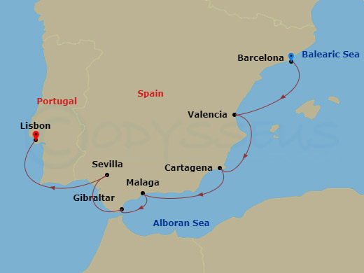 8 Night - Spain & Portugal Cruise : Barcelona, Seville & Lisbon - Azamara Journey - Starting in Barcelona, Valencia, Cartagena ES, Malaga, Gibraltar, Seville, Lisbon itinerary map