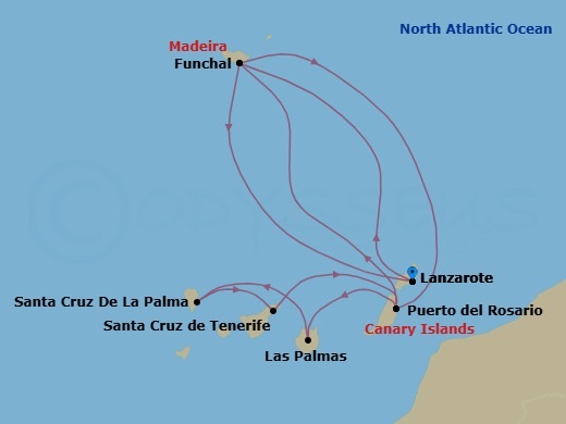 10 Night - Canary Islands and Madeira - MSC Euribia - Starting in Arrecife De Lanzarote (Canary Islands), Spain, Funchal (Madeira Islands), Portugal, Puerto Del Rosario / Fuerteventura, Spain, Las Palmas de Gran Canaria (Canary Islands), Spain, Santa Cruz de La Palma, Santa Cruz de Tenerife, Puerto Del Rosario / Fuerteventura, Spain, Funchal (Madeira Islands), Portugal, Arrecife De Lanzarote (Canary Islands), Spain itinerary map