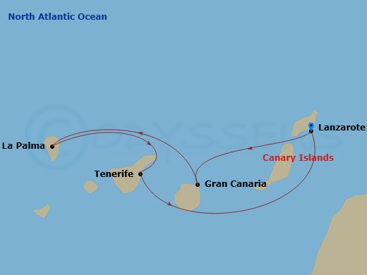 4 Night - Canary Islands and Madeira - MSC Euribia - Starting in Arrecife De Lanzarote (Canary Islands), Spain, Las Palmas de Gran Canaria (Canary Islands), Spain, Santa Cruz de La Palma, Santa Cruz de Tenerife, Arrecife De Lanzarote (Canary Islands), Spain itinerary map