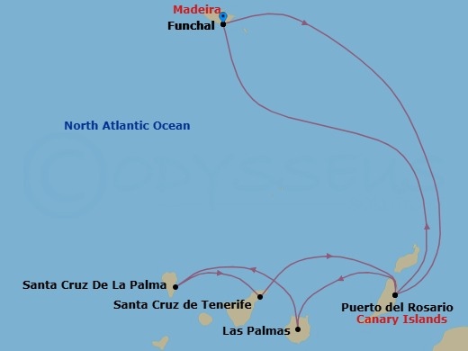 8 Night - Canary Islands and Madeira - MSC Euribia - Starting in Funchal (Madeira Islands), Portugal, Puerto Del Rosario / Fuerteventura, Spain, Las Palmas de Gran Canaria (Canary Islands), Spain, Santa Cruz de La Palma, Santa Cruz de Tenerife, Puerto Del Rosario / Fuerteventura, Spain, Funchal (Madeira Islands), Portugal itinerary map